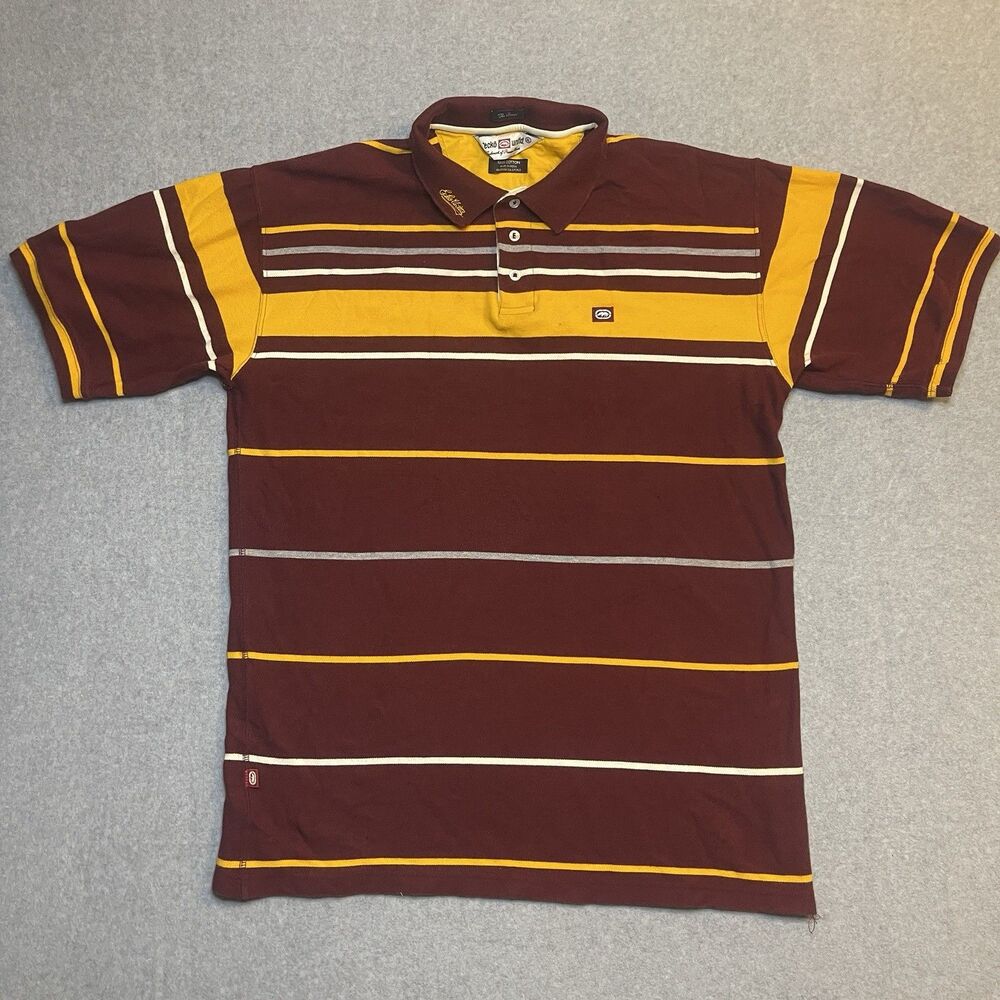 Y2K Ecko Unltd. The Bench Maroon Yellow Men's XL Polo Shirt Striped 100% Cotton